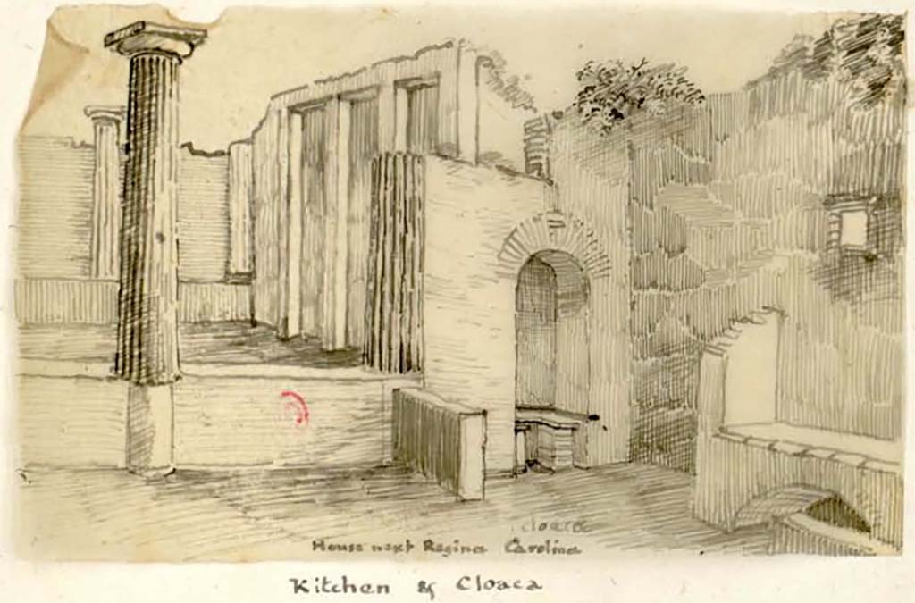 VIII.3.16 Pompeii. Pre.1832. Kitchen with hearth in south-west corner of peristyle, with “niche” latrine on left of hearth.
At the rear of the latrine, is the south wall of the peristyle.
See Gell, W. Pompeii unpublished [Dessins de l'édition de 1832 donnant le résultat des fouilles post 1819 (?)] vol II, pl. 35.
Bibliothèque de l'Institut National d'Histoire de l'Art, collections Jacques Doucet, Identifiant numérique Num MS180 (2).
See book in INHA Use Etalab Licence Ouverte

