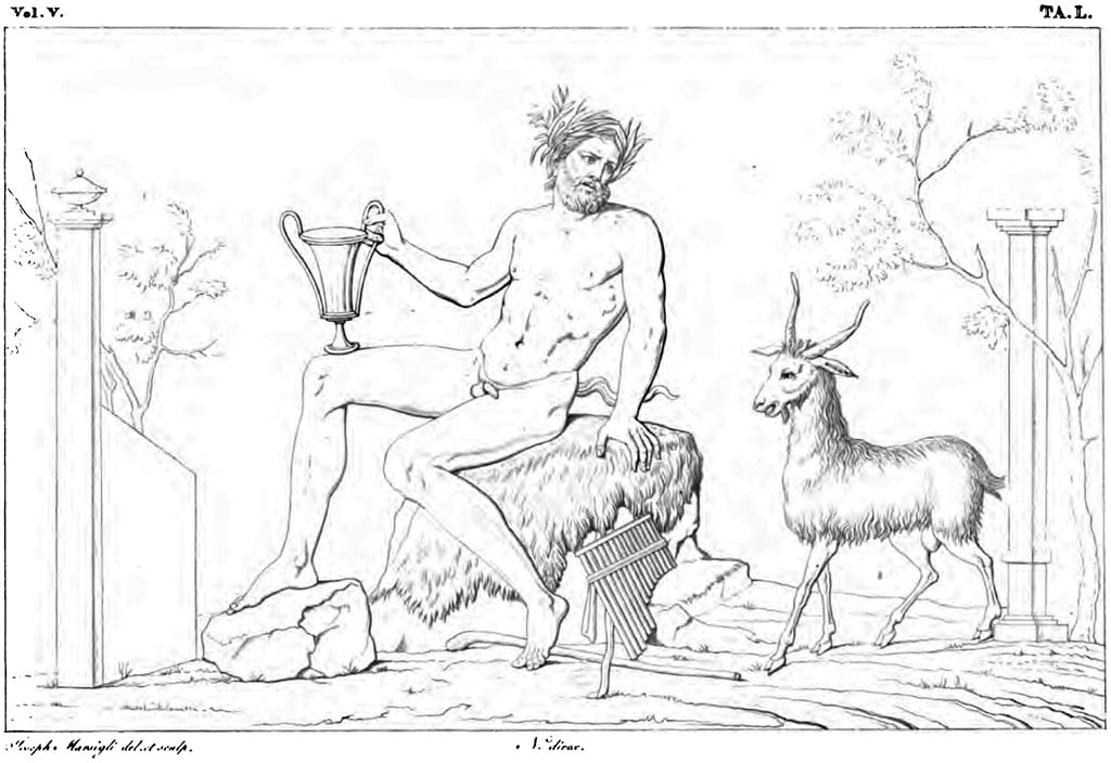 VIII.3.31 Pompeii? Pre-1829. 
Drawing of Faun with goat which may have been seen in one of the rooms on the east side of the peristyle.

According to CTP –
The name of this house must have originated from a painting of Pan found there, see N. Corcia, Storia Delle Due Sicilie Dall'Antichità Più Remota Al 1789, Vol. II, Napoli, 1845, p.381.
See Van der Poel, H. B., 1983. Corpus Topographicum Pompeianum, Part II. Austin: University of Texas, (p.302, footnote 5).

According to RMB –
The man who, …………………………, sees at the corner of this Forum, opposite to that where the Basilica is, a road wide enough, in which a few feet away from the portico was a fountain. Behind this fountain opens a small door that leads into a house neither large nor much adorned. At the rear of the peristyle of this house you can see painted, in a small room, the faun in this published drawing (tav. L), whose composition was rather graceful …………
See Real museo Borbonico, Vol. V (5), 1829, Tav. L (50).

According to Eschebach, this may have been found and seen in this house, but now no longer available.
See Eschebach, L., 1993. Gebäudeverzeichnis und Stadtplan der antiken Stadt Pompeji. Köln: Böhlau, (p.368).
(Note: from the description in RMB – “a small door leading into a house neither large nor much adorned. 
At the rear of the peristyle of this house you can see painted, in a small room, the faun in this published drawing (tav. L), …………………”. 
The small door could also have described the doorway of VIII.2.12, (on the opposite side of Via delle Scuole from VIII.3.31), leading into the peristyle of VIII.2.13, with small rooms on its south side.
However, we will bow to the knowledge of CTP, and Eschebach, and leave the drawing here.)
