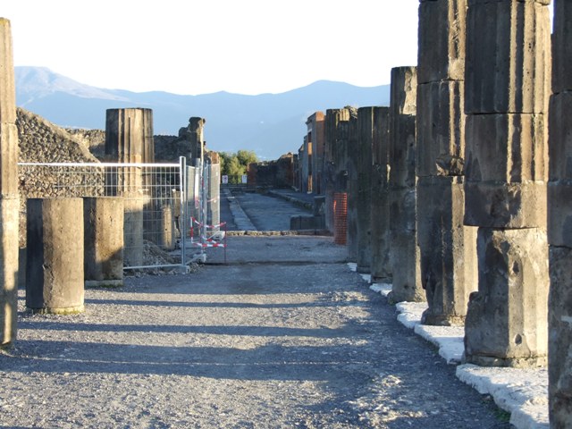 VIII.3.32 Pompeii. March 2009. South east corner of Forum. Looking south to Via delle Scuole.