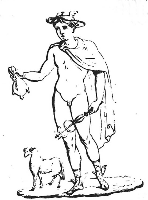 VIII.4.3 Pompeii. 1861 drawing of Mercury from inside shop. No longer visible.  Now in Naples Archaeological Museum.  Inventory number 9450. Fiorelli described Fortuna and Mercury painted on the walls of this shop, which the owner hoped would bring prosperity. 
Fortuna is standing, dressed in Chiton and Mantel. In her left hand is the horn of plenty. In her right hand is a rudder resting on a globe. See Pappalardo, U., 2001. La Descrizione di Pompei per Giuseppe Fiorelli (1875). Napoli: Massa Editore, p.126. See Della Corte, M., 1965. Case ed Abitanti di Pompei. Napoli: Fausto Fiorentino, p. 232. See Helbig, W., 1868. Wandgemälde der vom Vesuv verschütteten Städte Campaniens. Leipzig: Breitkopf und Härtel. Fortuna (943) Hermes (357). See Giornale di Scavi 1861, Tav. III no. 5.