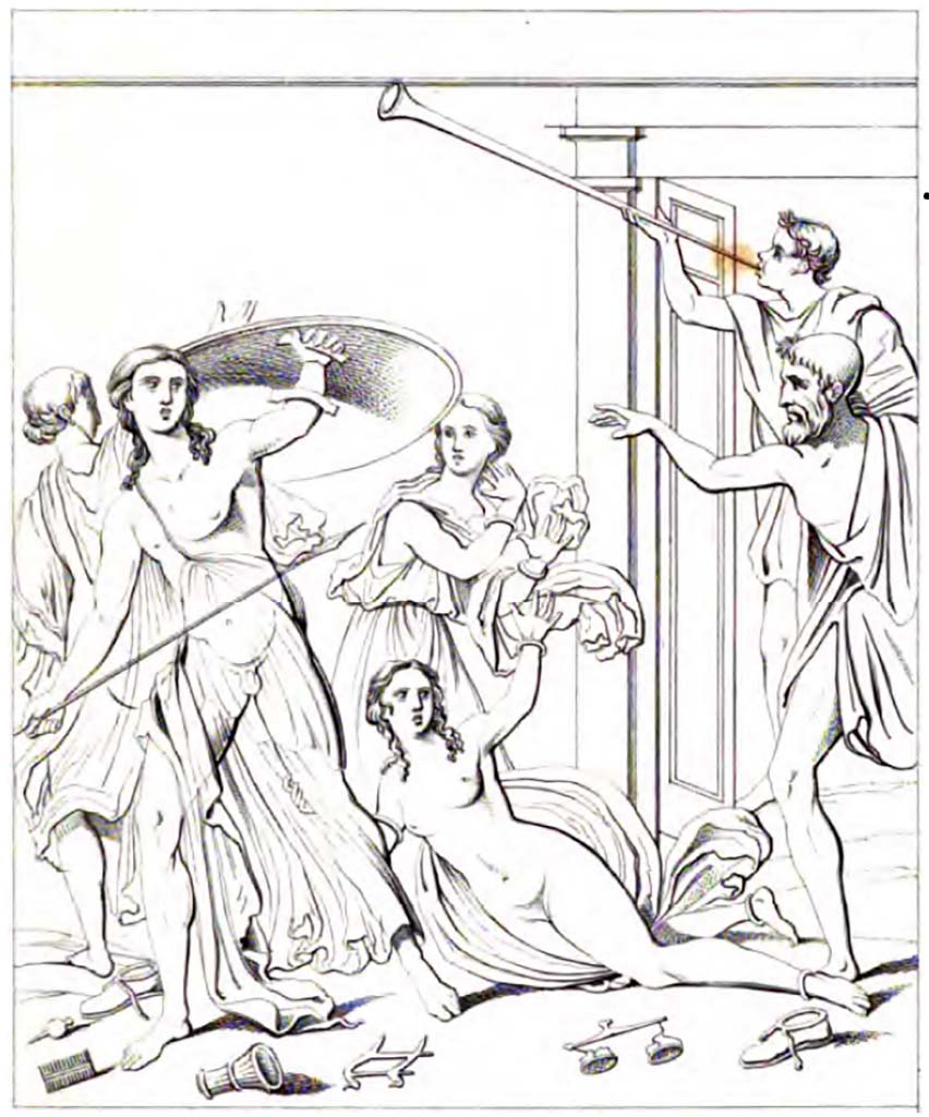 VIII.4.4 Pompeii. 1861. Drawing by Abbate of painting of Achilles on Skyros seen on east wall of triclinium, room 10. 
See Fiorelli G., 1861. Giornale degli Scavi di Pompeii, p. 89, Tav X.
