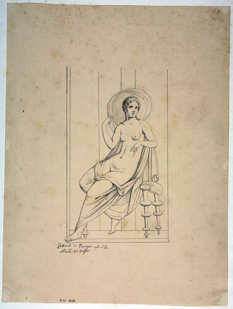 VIII.4.4 Pompeii. Drawing by Nicola La Volpe, of painting of sitting figure from north side of painting of Hermaphrodite on east wall.
Now in Naples Archaeological Museum. Inventory number ADS 858.
Photo © ICCD. http://www.catalogo.beniculturali.it
Utilizzabili alle condizioni della licenza Attribuzione - Non commerciale - Condividi allo stesso modo 2.5 Italia (CC BY-NC-SA 2.5 IT)
