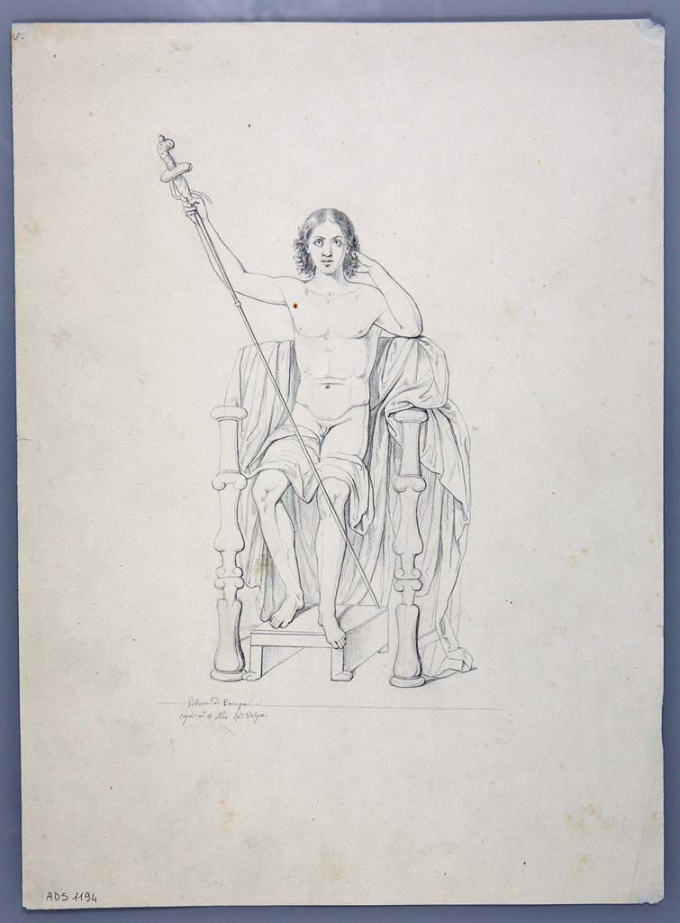 VIII.4.4 Pompeii. 
Drawing by Nicola La Volpe, of painting of Dionysus on his throne, perhaps from exedra 11.
Perhaps seen in the upper architecture of the room. 
According to PPM, -
Fiorelli mentioned that in the upper zone was a female divinity on her throne and a masculine figure also on a throne, which could have been this figure, 
See Carratelli, G. P., 1990-2003. Pompei: Pitture e Mosaici: Vol. VIII. Roma: Istituto della enciclopedia italiana, (p.506, no.99)
Now in Naples Archaeological Museum. Inventory number ADS 1194.
Photo © ICCD. https://www.catalogo.beniculturali.it
Utilizzabili alle condizioni della licenza Attribuzione - Non commerciale - Condividi allo stesso modo 2.5 Italia (CC BY-NC-SA 2.5 IT)
See also Kuivalainen, I., 2021. The Portrayal of Pompeian Bacchus. Commentationes Humanarum Litterarum 140. Helsinki: Finnish Society of Sciences and Letters, (p.101-2, B14).

