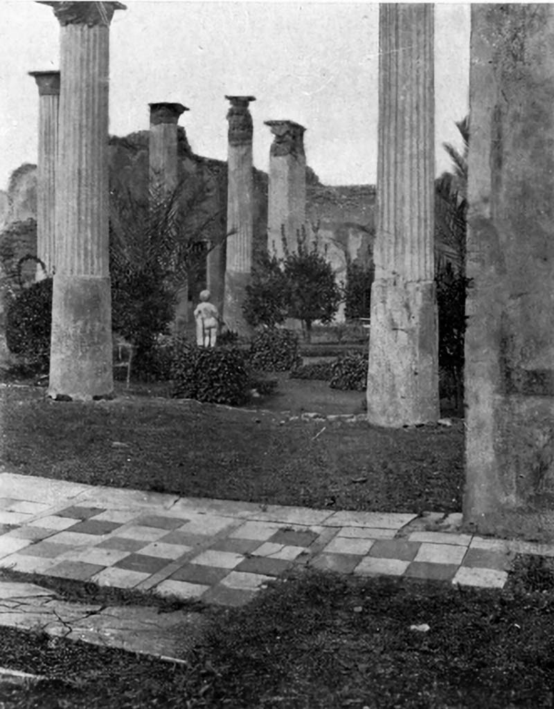 VIII.4.4 Pompeii. c.1930. Looking north from threshold doorway of exedra.
According to Blake – the threshold of the exedra uses border strips more sparingly to set off double rows of squares of contrasting materials.
See Blake, M., (1930). The pavements of the Roman Buildings of the Republic and Early Empire. Rome, MAAR, 8, (p.41, & Pl. 9, tav.1).
