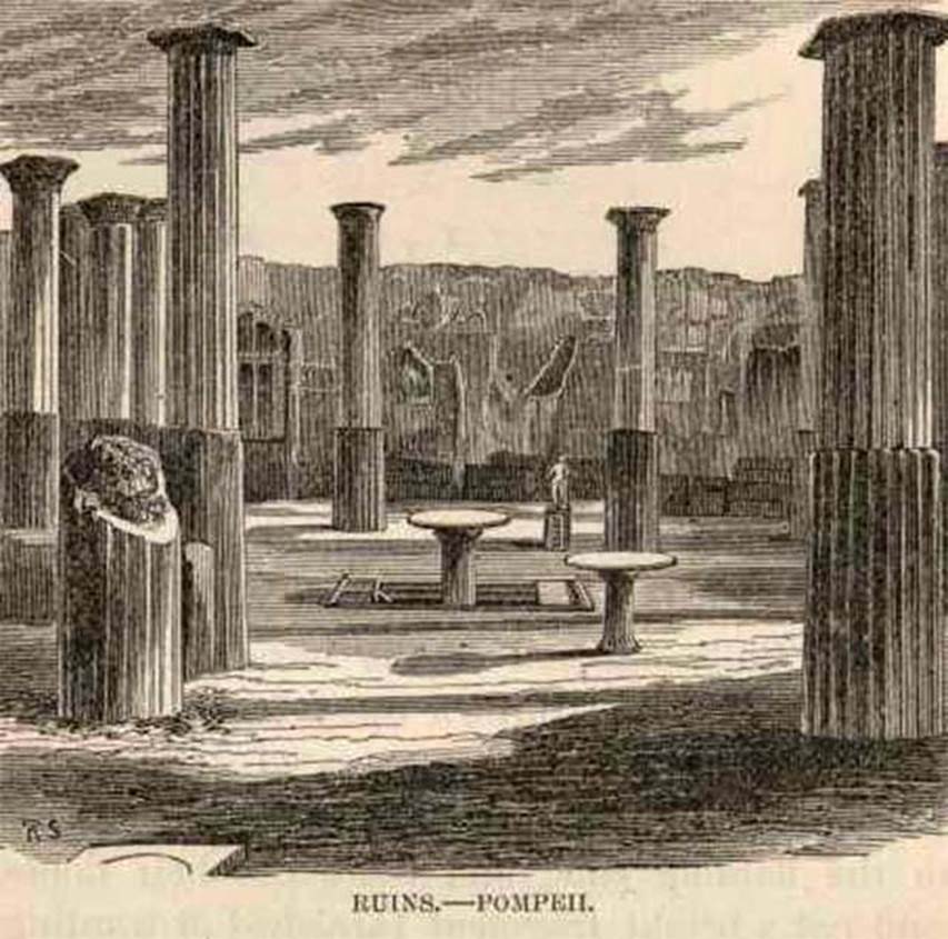 VIII.4.4 Pompeii. 1869 illustration from Mark Twain’s visit to Pompeii. Looking south from tablinum across peristyle into the exedra on the far side. See Twain M., 1869. The Innocents Abroad. San Francisco: Bancroft, Ch. XXXI.
