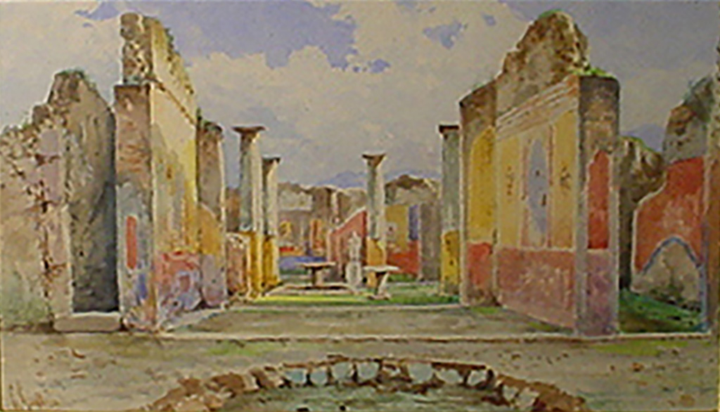 VIII.4.4 Pompeii. c.1910 painting, looking south from atrium, through tablinum to peristyle. Photo courtesy of Jim Sibal.