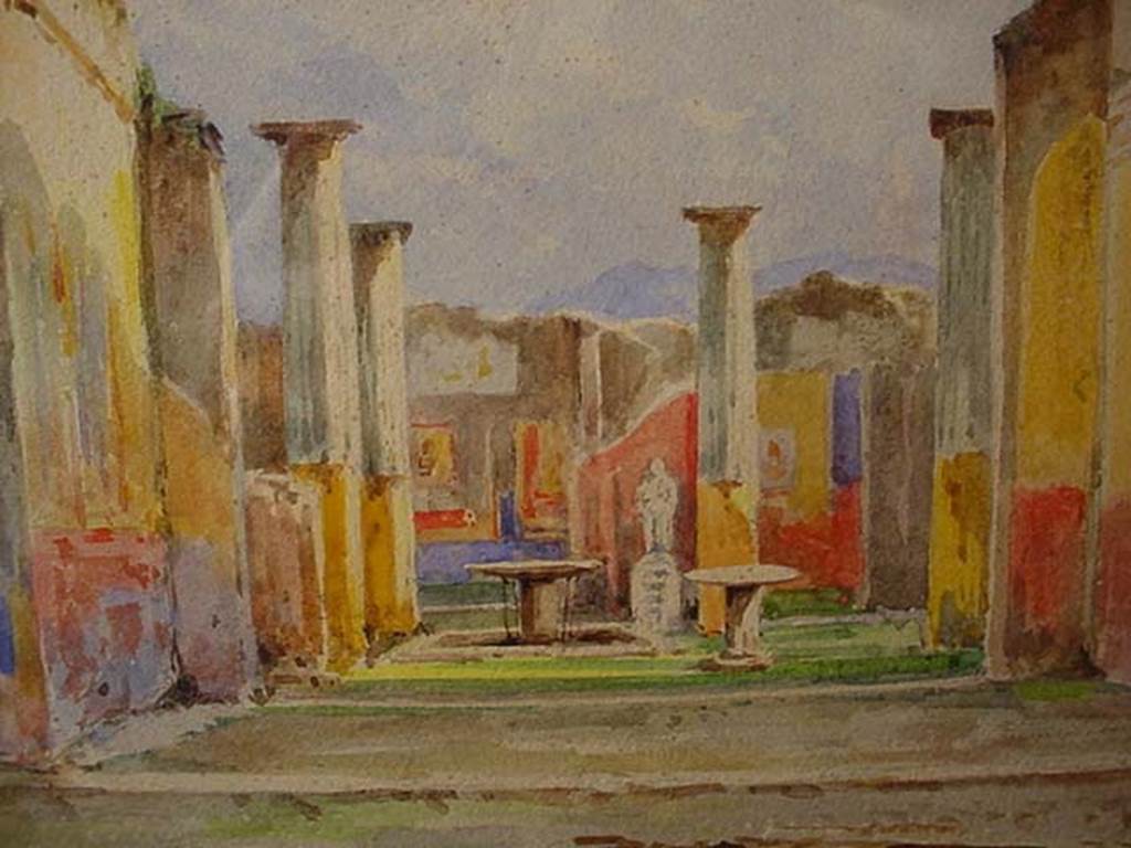 VIII.4.4 Pompeii. Detail from 1910 painting looking south through tablinum across peristyle to exedra. 
Photo courtesy of Jim Sibal.
