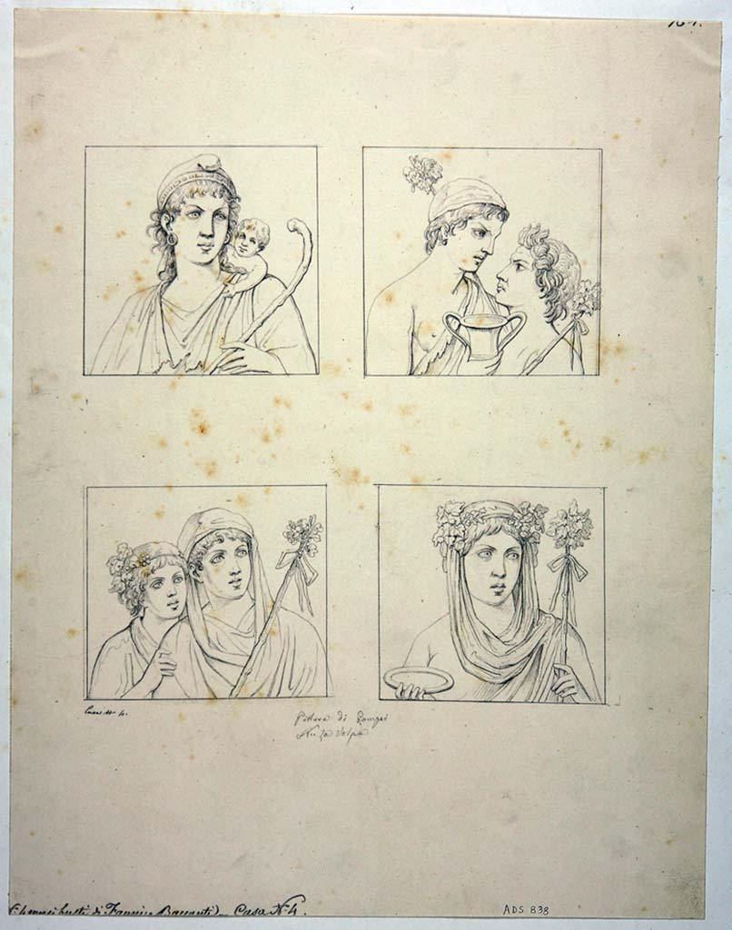 VIII.4.4 Pompeii. Drawings by Nicola La Volpe from the walls in room 22. 
Top left, south end of east wall, Paris.
Top right, west end of north wall. Dionysus and Satyr.
Lower left, south end of west wall, Ariadne in the company of a Maenad.
Lower right, east end of south wall. Ariadne with cup in her right hand, thyrsus in her left, and wearing a crown of flowers.
Now in Naples Archaeological Museum. Inventory number ADS 838.
Photo © ICCD. http://www.catalogo.beniculturali.it
Utilizzabili alle condizioni della licenza Attribuzione - Non commerciale - Condividi allo stesso modo 2.5 Italia (CC BY-NC-SA 2.5 IT)
