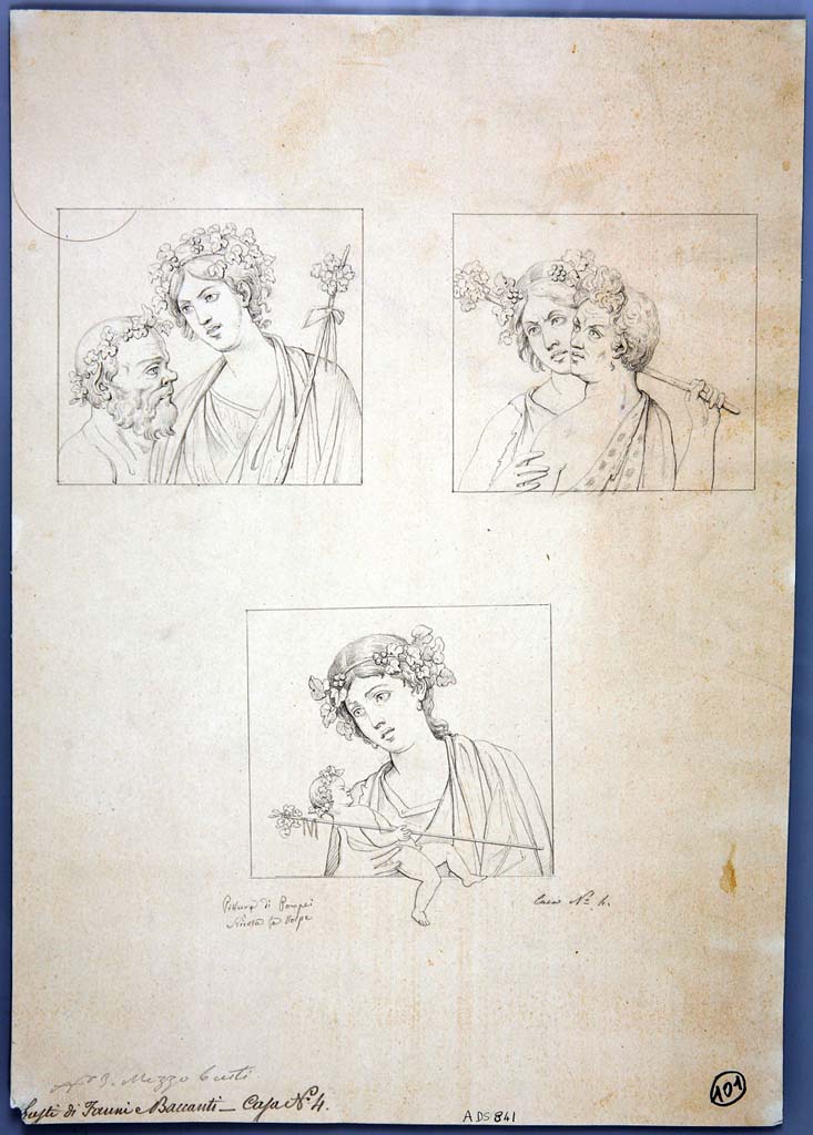 VIII.4.4 Pompeii. Drawings by Nicola La Volpe from the walls in room 22. 
Top left, north end of west wall. Silenus and Maenad with thyrsus.
Top right, west end of south wall. Satyr and Maenad.
Lower middle, east end of north wall, Dionysus in the arms of a Maenad.
Now in Naples Archaeological Museum. Inventory number ADS 841.
Photo © ICCD. http://www.catalogo.beniculturali.it
Utilizzabili alle condizioni della licenza Attribuzione - Non commerciale - Condividi allo stesso modo 2.5 Italia (CC BY-NC-SA 2.5 IT)
