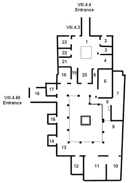 VIII.4.4 Pompeii. Domus M. Holconi Rufi or House of Holconius Rufus.
Room Plan 