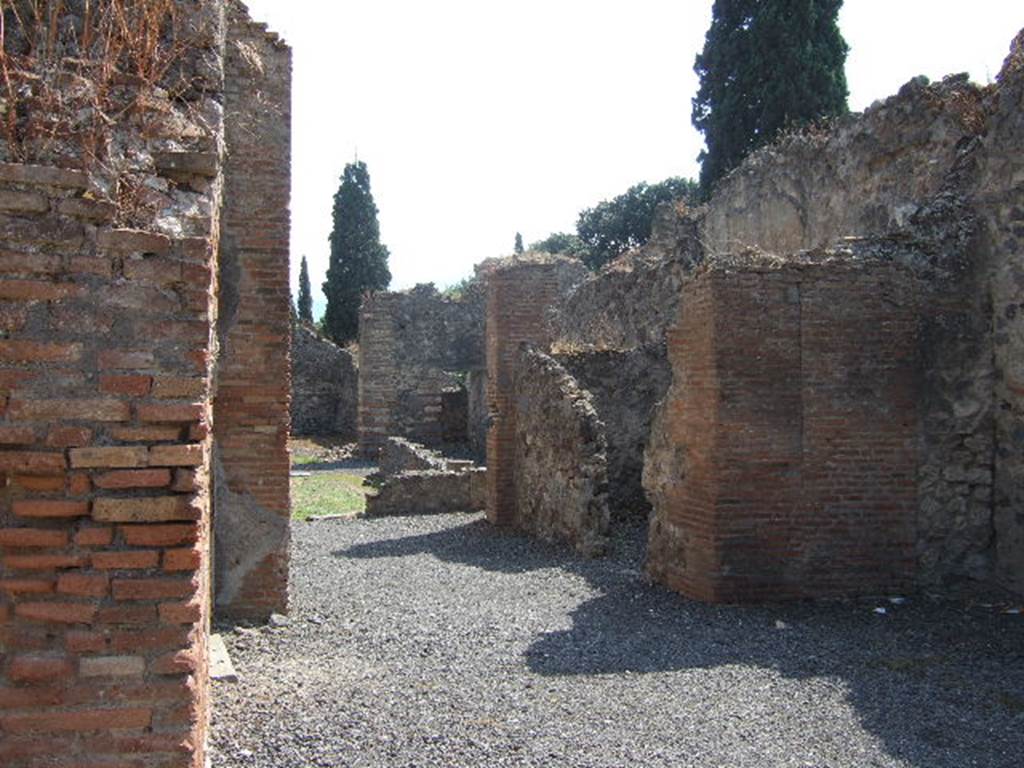 VIII.4.12 Pompeii. September 2005. Looking south through tablinum, towards portico. According to Boyce, the room on the right of the tablinum may have been the kitchen. He says in the west wall, not pictured, there was an arched niche. Its walls were coated with white stucco which was painted with red and yellow flowers.
On the right side of the niche, the lararium painting was painted in two zones. The lower zone showed a serpent, still visible in 1937, with a red crest and beard, rearing its head above the masonry altar. The altar was standing against the wall below the niche. In the upper zone, nothing was visible, but earlier reports described the figure of a Lar painted on the left side of the niche. On the right side of the niche, there were two painted hams and an eel.
See Boyce G. K., 1937. Corpus of the Lararia of Pompeii. Rome: MAAR 14. (p.76) 
See Pappalardo, U., 2001. La Descrizione di Pompei per Giuseppe Fiorelli (1875). Napoli: Massa Editore. (p.128)