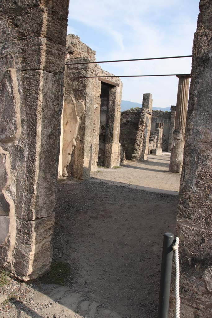 VIII.4.15 Pompeii. September 2021. 
Room 5, oecus. Looking south from doorway, onto east portico of garden. Photo courtesy of Klaus Heese.
