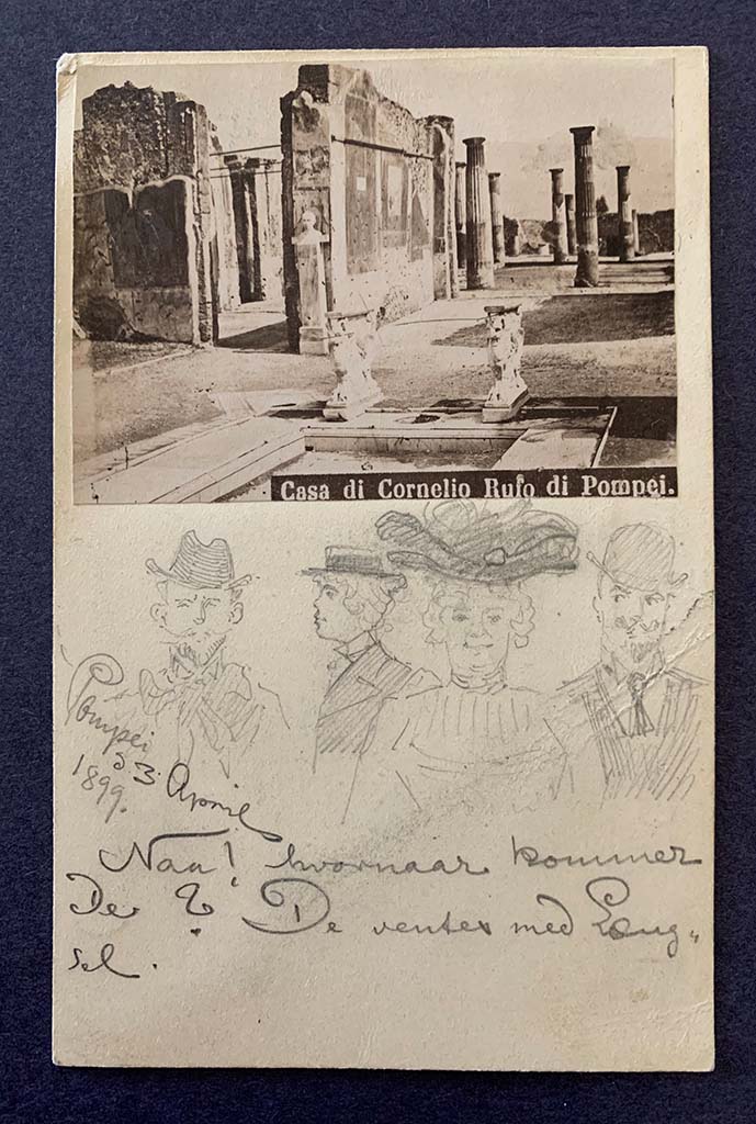VIII.4.15 Pompeii. Postcard with drawing of four people dated 3rd April 1899.
The message in Danish under the drawing appears to say When will you come? They waited long in the sun.
Photo courtesy of Rick Bauer.
