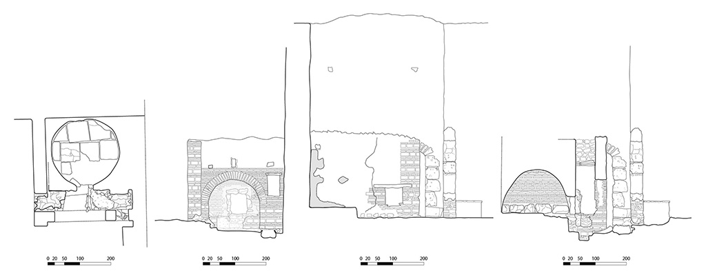 Fig. 20 – Pompéi, boulangerie VIII 4, 26-27 – Plan, façade et coupes du four.
Relevé / dessin : S. Mencarelli /EFR.
