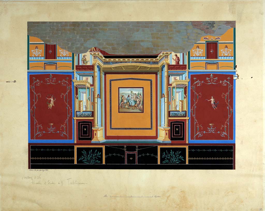 VIII.4.34 Pompeii. Painting by Antonio Ala, 1862, of the north wall of tablinum. 
In the centre yellow panel is the painting of Hercules and Omphale.
In the red side panels, with candelabra with twining plants, are the personifications of Autumn and Summer.
Between are complex architectural scenes.
In the upper zone are theatrical masks.
In the lower zone are plants and garlands.
According to Breton and Helbig, see above, the wall with the painting of Hercules and Omphale was to the right (this would mean the east wall).
Now in Naples Archaeological Museum. Inventory number ADS 870.
Photo © ICCD. http://www.catalogo.beniculturali.it
Utilizzabili alle condizioni della licenza Attribuzione - Non commerciale - Condividi allo stesso modo 2.5 Italia (CC BY-NC-SA 2.5 IT)
