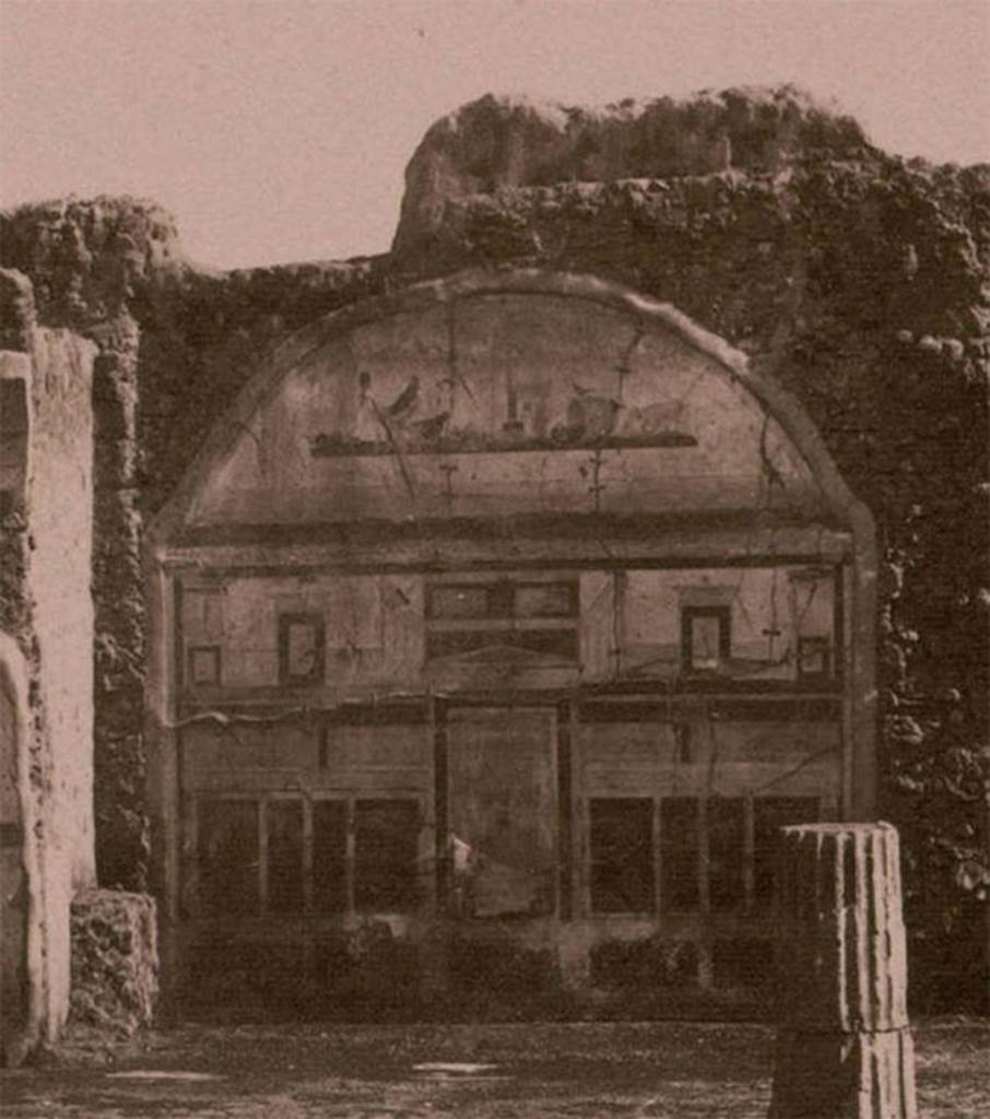 VIII.5.2 Pompeii. Detail from c.1870 photograph. 
Room 8, painted plaster on the south wall of an oecus, at rear of peristyle garden.  
