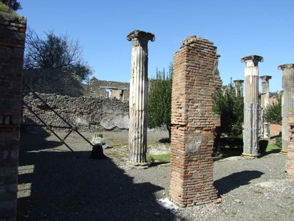 VIII.5.2 Pompeii.  March 2009.  Looking west from Room 13, Large Triclinium, towards the South Portico and Garden area. The columns of the North and East Portico were still standing when excavated, but two were missing on the South Portico.  All of the columns of the West Portico were missing.  See Jashemski, W. F., 1993. The Gardens of Pompeii, Volume II: Appendices. New York: Caratzas. p.216
