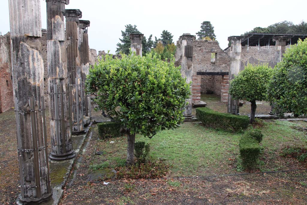 VIII.5.2 Pompeii. October 2020. Looking east across peristyle towards doorway to cubiculum, room 17, right of centre.