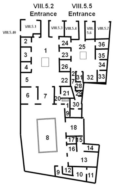 Pompeii VIII.5.2 Casa del Gallo I and VIII.5.5 Casa di Ero e Leandro
Combined room plan