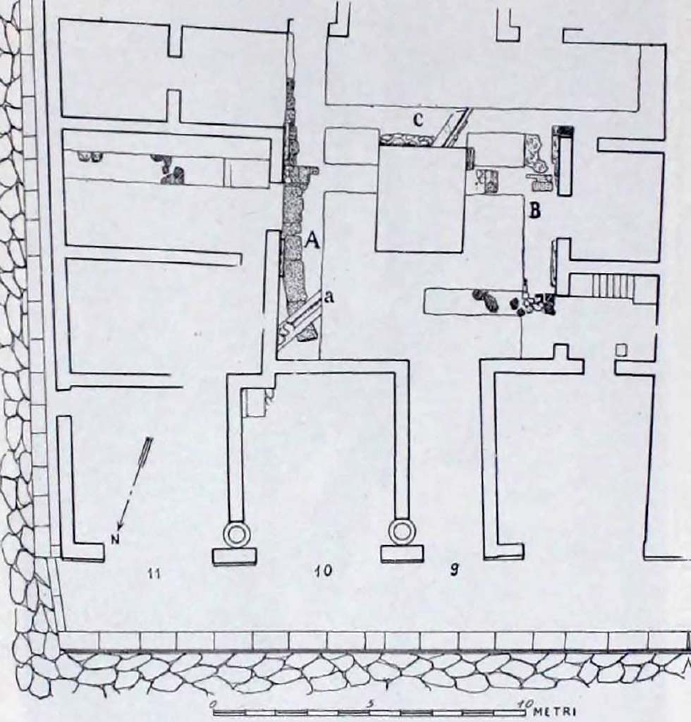 VIII.5.9 Pompeii. Plan. For an Essay on the structure of the foundations of this house beneath the atrium and surrounding room, 
see Maiuri in Notizie degli Scavi, 1944-45, (p.154-156).
