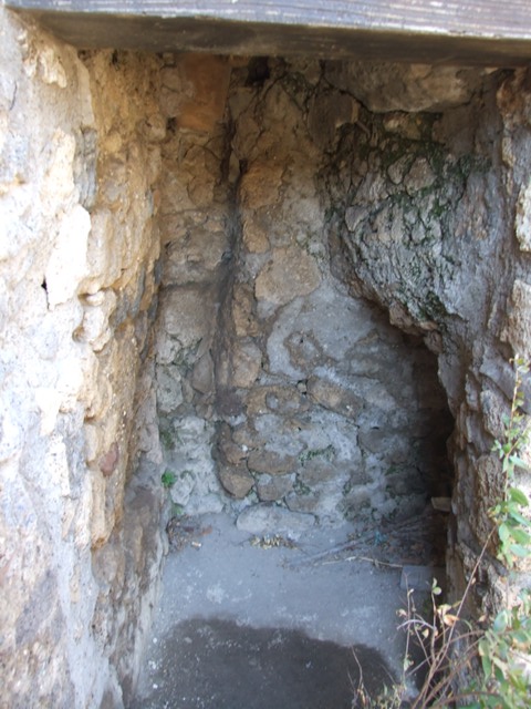 VIII.5.15 Pompeii. March 2009. Room 1, north wall of latrine with downpipe, under stairs.  