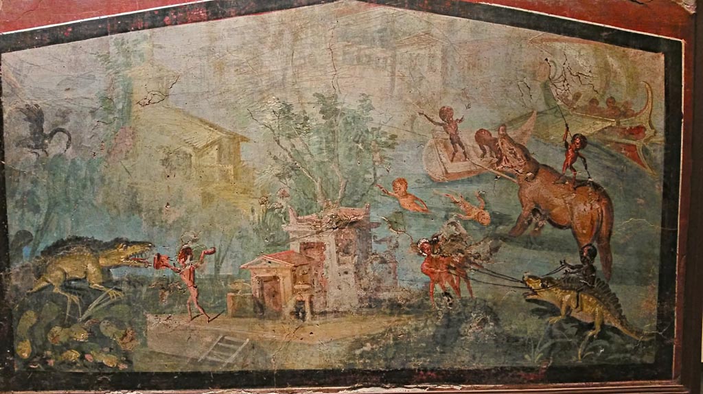VIII.5.24 Pompeii. Nile banquet scene with pygmies. From a low wall connecting peristyle columns in VIII.5.24.  
Now in Naples Archaeological Museum. Inventory number 113196.