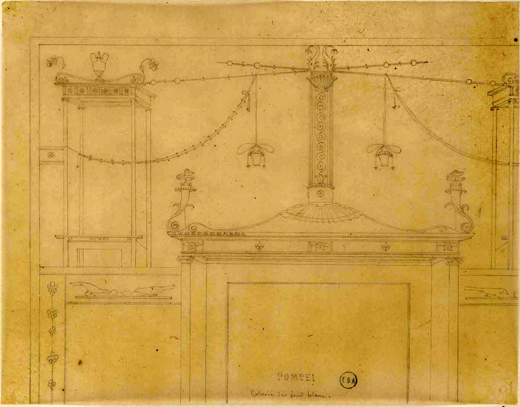 VIII.5.28 Pompeii. c.1830. Room 3, drawing by Lesueur of detail of upper wall of a cubiculum.
On the sketch is a note "Colorie sur fond blanc".
See Lesueur, Jean-Baptiste Ciceron. Voyage en Italie de Jean-Baptiste Ciceron Lesueur (1794-1883), pl. 92.
See Book on INHA reference INHA NUM PC 15469 (04)   Licence Ouverte / Open Licence  Etalab