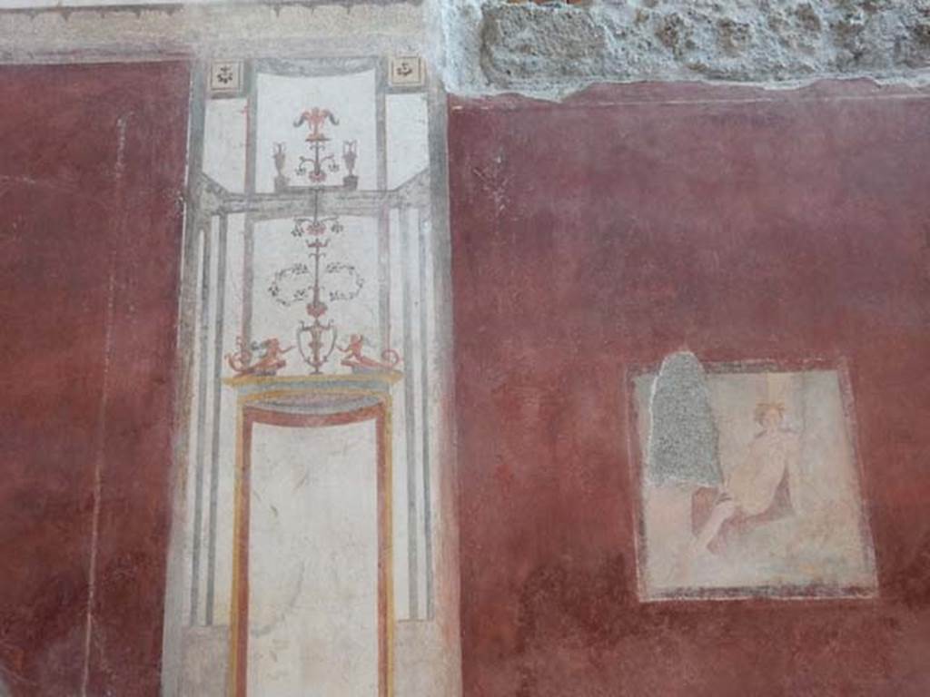 VIII.5.37 Pompeii. May 2017. Room 13, painted decoration from centre south end of west wall after restoration. Photo courtesy of Buzz Ferebee.

