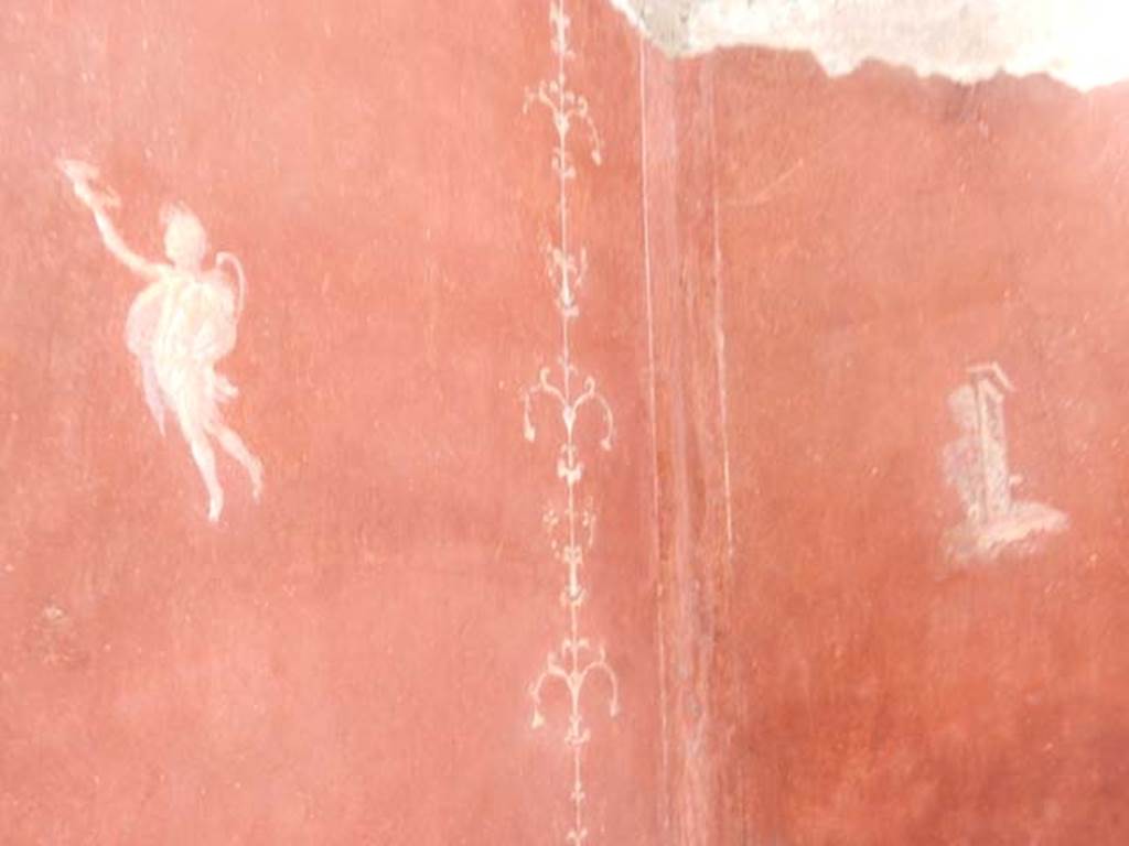 VIII.5.37 Pompeii. May 2017. Room 13, painted panels from north-east corner.
Photo courtesy of Buzz Ferebee. On the left is a painted Satyr, on the right is a sacred landscape with some trees and two figures.
