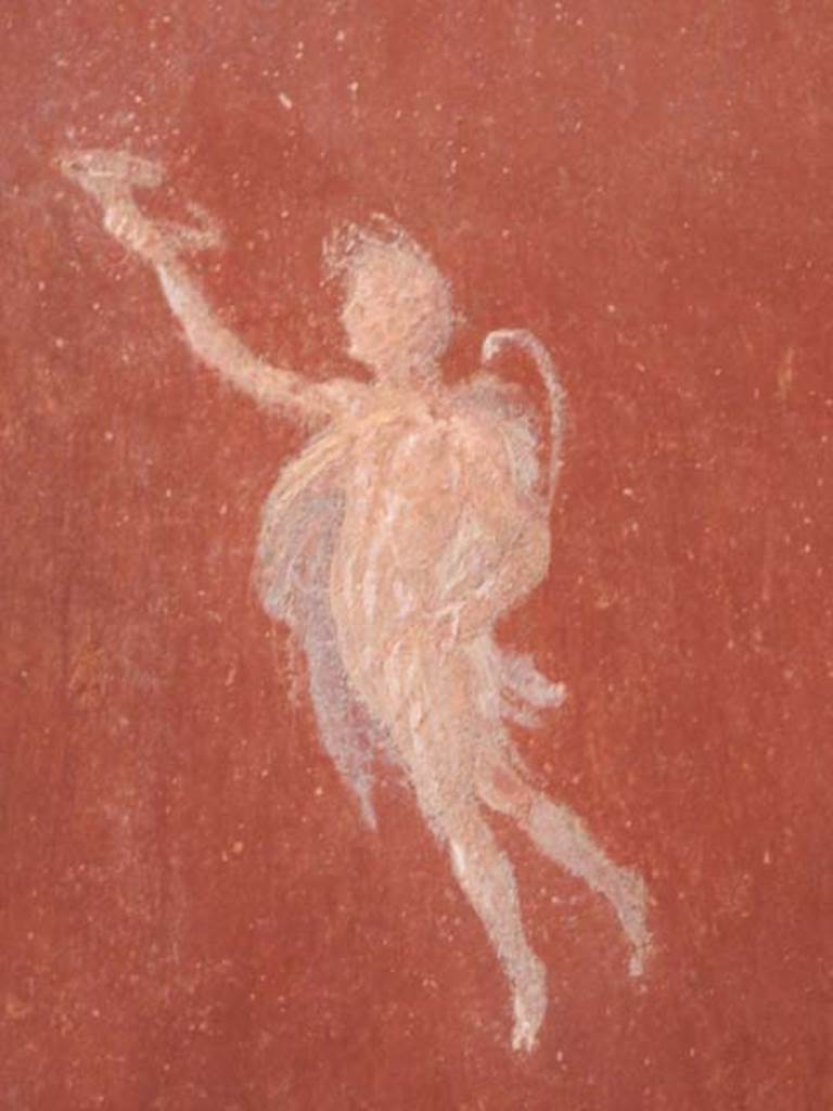 VIII.5.37 Pompeii. May 2017. Room 13, panel at east end of north wall depicting a Satyr, after restoration. Photo courtesy of Buzz Ferebee.
