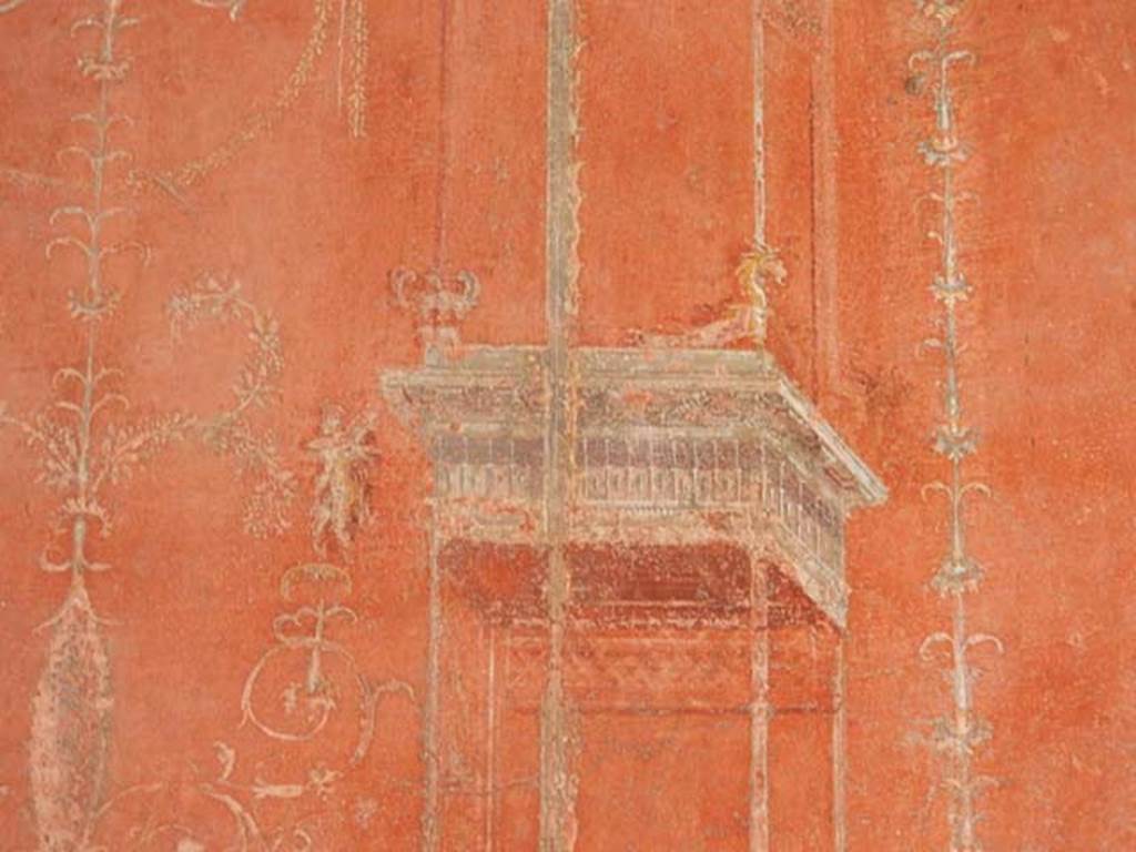 VIII.5.37 Pompeii. May 2017. Room 14, detail of painted decoration from east end of south wall of oecus. Photo courtesy of Buzz Ferebee.
