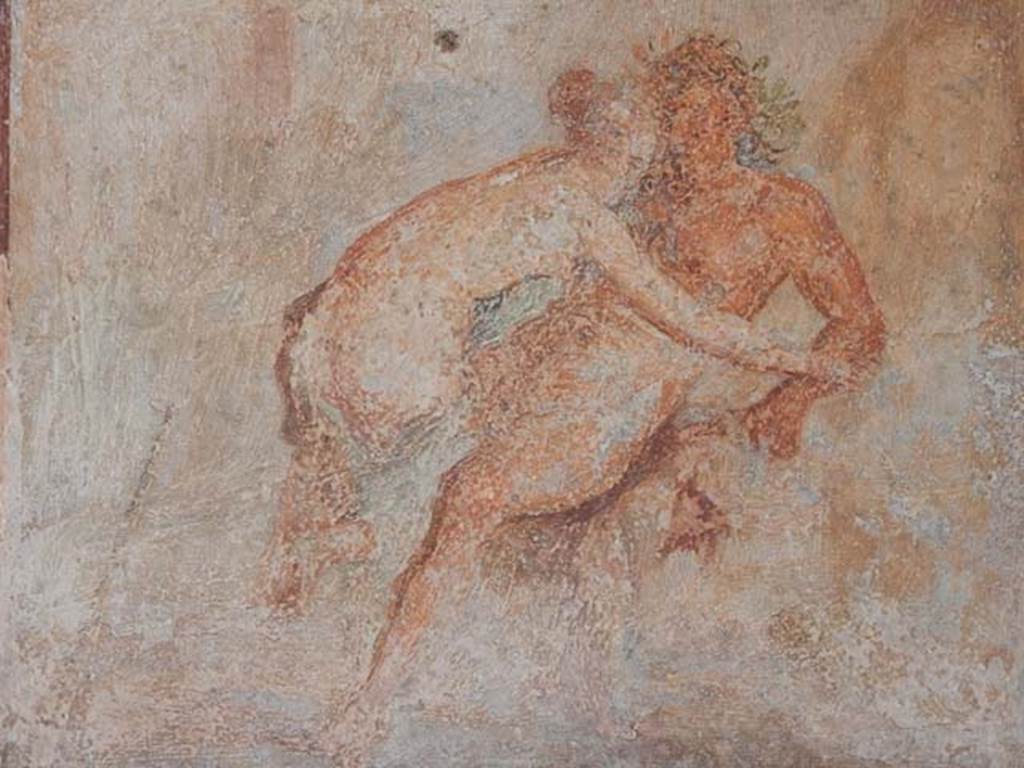 VIII.5.37 Pompeii. May 2017. Room 14, detail from central painting on south wall thought to be either a Nymph and Silenus (or Polyphemus and Galatea). Photo courtesy of Buzz Ferebee.
