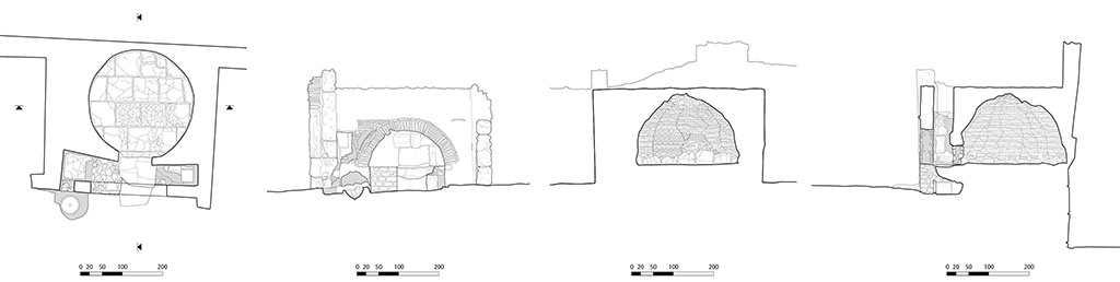 Fig. 23 – Pompéi, boulangerie VIII 6, 1.9-11 – Plan, façade et coupes du four.
Relevé / dessin : S. Mencarelli /EFR.
