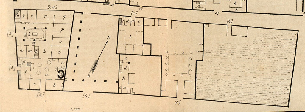 VIII.6.4 Pompeii. Plan, doorway numbered (5), with unnumbered “blocked” doorway on north side of insula.
See Bullettino dell’Instituto di Corrispondenza Archeologica (DAIR), 1883, p.170.
