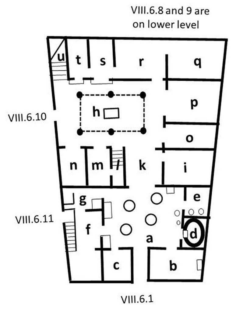 VIII.6.1.10.11 Pompeii. The plan shows the entrances at VIII.6.1, VIII.6.10 and VIII.6.11 and also shows location of entrances VIII.6.8, VIII.6.9 which are at a lower level.