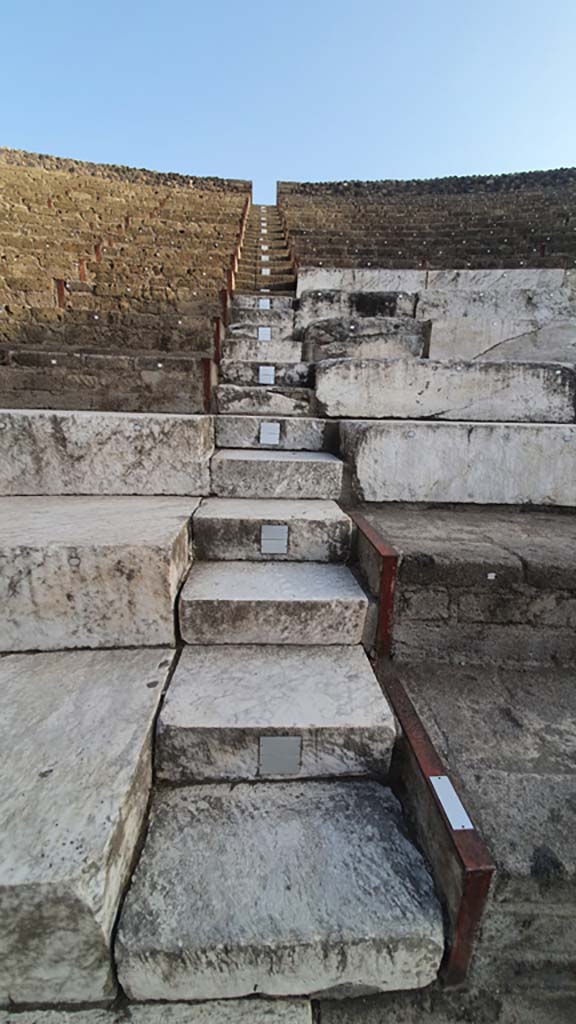 VIII.7.20 Pompeii. May 2006. Large Theatre. Steps to the Tribunal. The tribunal was a box set over the arch and reserved for such as the magistrate who gave the play, honoured guests or priestesses.