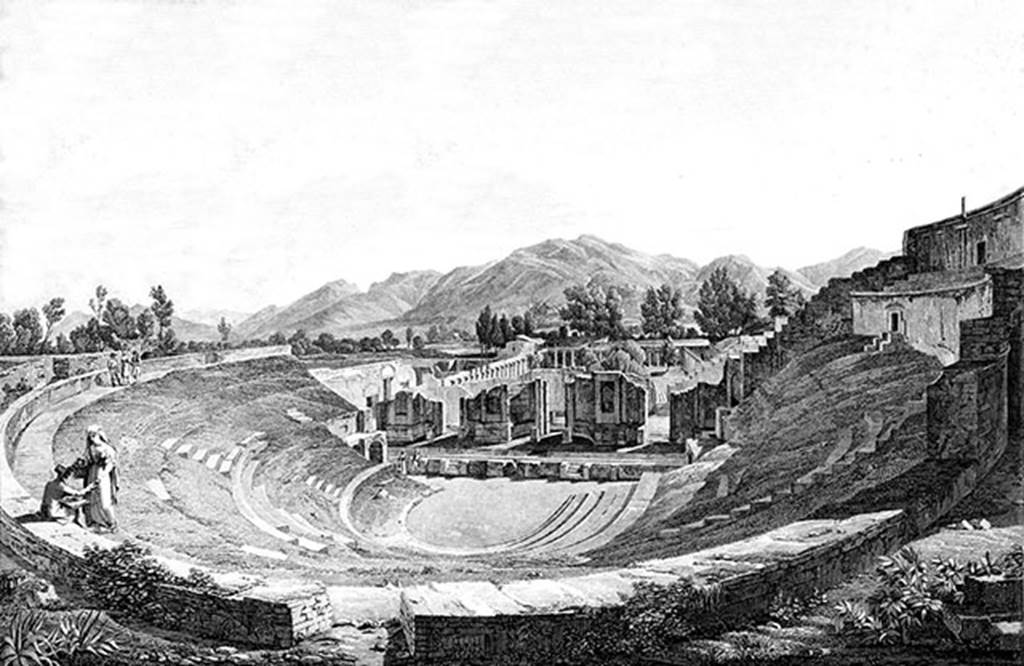 VIII.7.21 Pompeii. 1838. Drawing by Mazois. View of stage from the top of the theatre.
See Mazois, F., 1838. Les Ruines de Pompei: Quatrième Partie. Paris: Didot Frères. Planche XXX.

