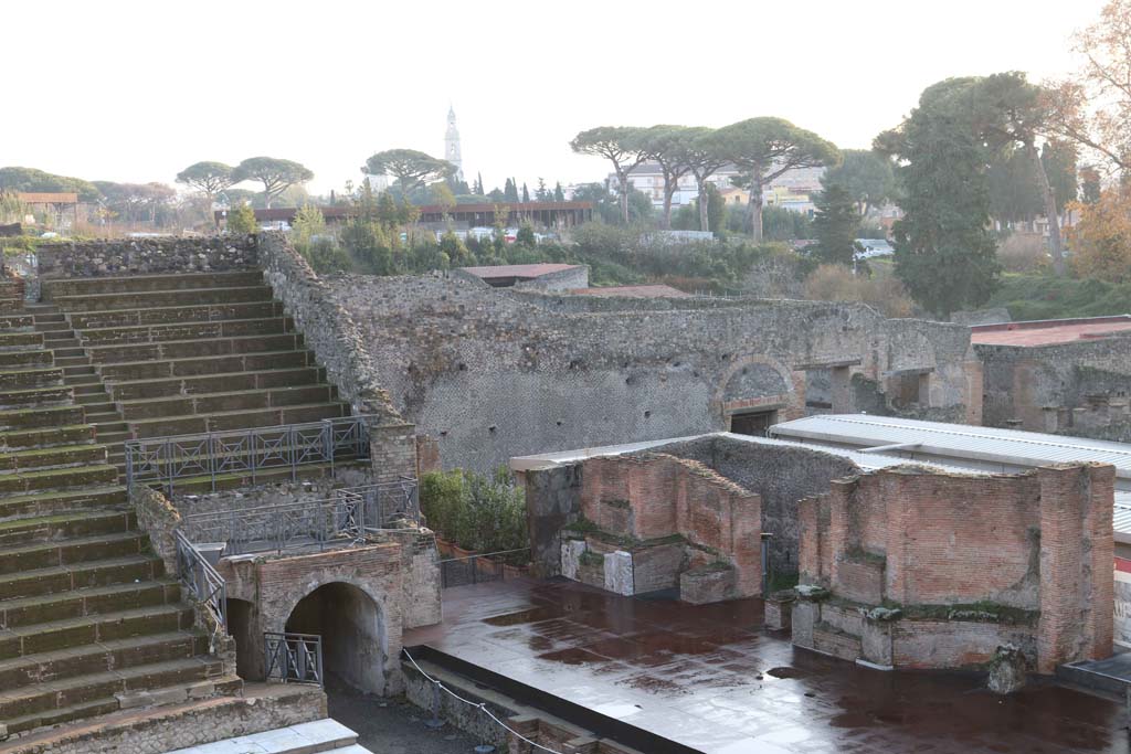 VIII.7.21 Pompeii. December 2018. View of stage from top of theatre, looking south-east. Photo courtesy of Aude Durand.