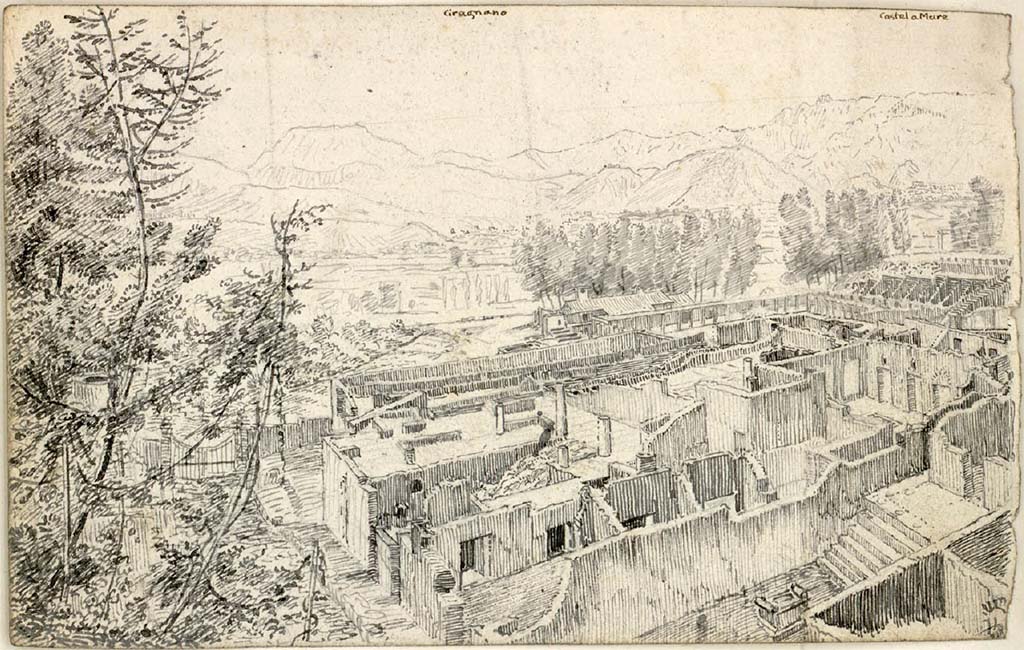 VIII.7.24 Pompeii. c.1819 sketch by W. Gell. 
Looking south above Temple at VIII.7.25, towards atrium, steps to upper floor and area of upper portico garden, (in centre of sketch).  
See Gell W & Gandy, J.P: Pompeii published 1819 [Dessins publiés dans l'ouvrage de Sir William Gell et John P. Gandy, Pompeiana: the topography, edifices and ornaments of Pompei, 1817-1819], pl. 39 verso.
See book in Bibliothèque de l'Institut National d'Histoire de l'Art [France], collections Jacques Doucet Gell Dessins 1817-1819
Use Etalab Open Licence ou Etalab Licence Ouverte
