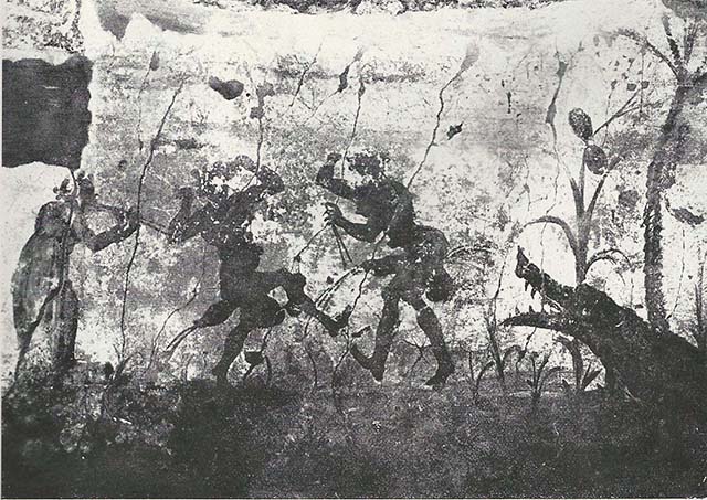 VIII.7.24 Pompeii. 1955. Fragment of Nilotic painting in peristyle. South wall. Orgiastic dance.
See Maiuri A., 1955. Una Nuova Pittura Nilotica a Pompei. Roma: Acc. Naz dei Lincei, Tav. I, 2.
