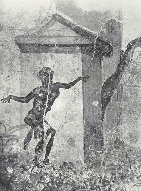 VIII.7.24 Pompeii. 1955. Detail of fragment of Nilotic painting in peristyle. A terrified figure defecates.
See Maiuri A., 1955. Una Nuova Pittura Nilotica a Pompei. Roma: Acc. Naz dei Lincei, Tav. III.
