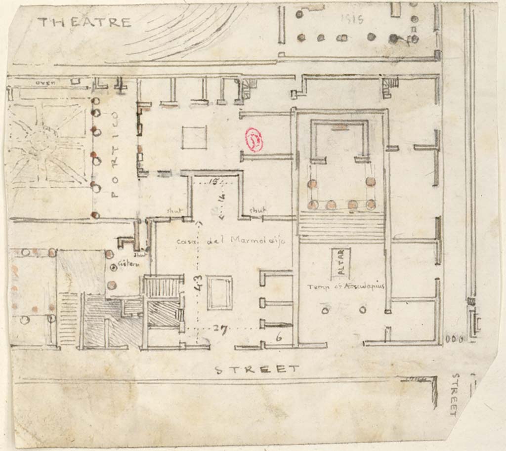 VIII.7.24 Pompeii.  c.1819. Sketch of plan of atrium and surrounding rooms, with steps leading to upper area, in the lower left, by W. Gell.
Above this house, in the centre left, is the portico and house area of VIII.7.26.
In the lower right is the entrance to the Temple of Aesculapius at VIII.7.25.
See Gell W & Gandy, J.P: Pompeii published 1819 [Dessins publiés dans l'ouvrage de Sir William Gell et John P. Gandy, Pompeiana: the topography, edifices and ornaments of Pompei, 1817-1819], pl. 86.
See book in Bibliothèque de l'Institut National d'Histoire de l'Art [France], collections Jacques Doucet Gell Dessins 1817-1819
Use Etalab Open Licence ou Etalab Licence Ouverte
