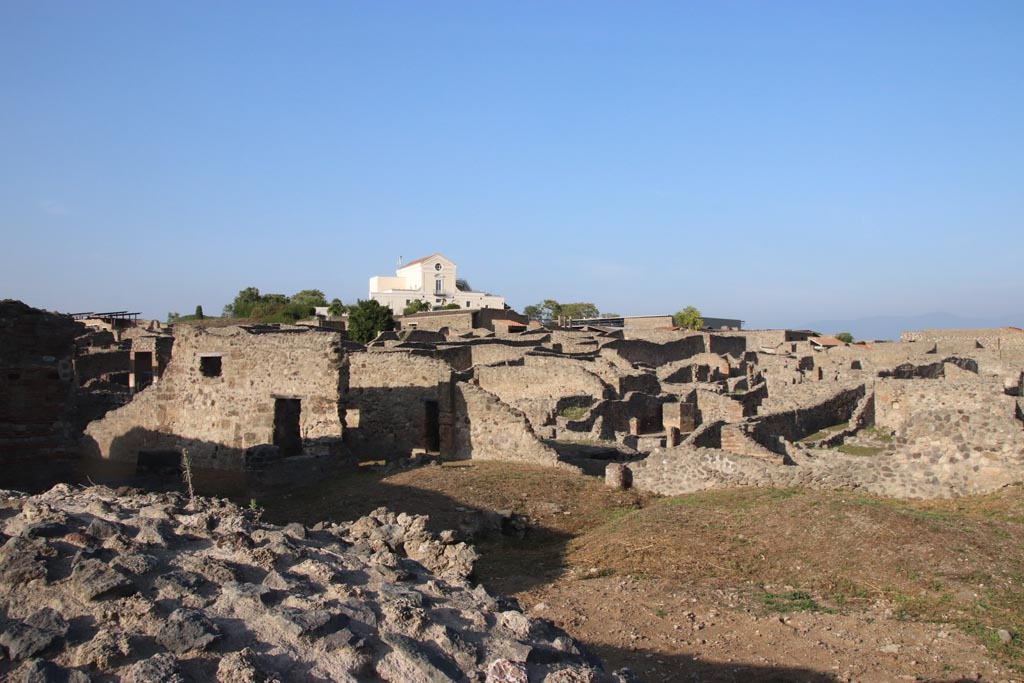 VIII.7.26 Pompeii. October 2023. 
Looking north-east from large theatre, overlooking the large rear garden. Photo courtesy of Klaus Heese.
