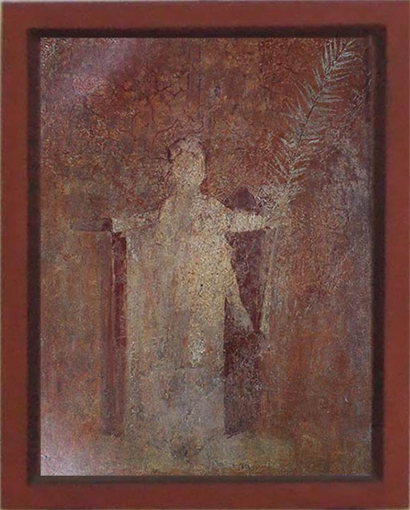 VIII.7.28 Pompeii. Extreme west part of the north portico. 
The painting is in a bad state of preservation.
It still shows the silhouette of the priest, with his skull shaved and dressed in a long white robe. He is moving towards the right, holding in one hand a palm branch and the other a bundle of herbs.
Now in Naples Archaeological Museum. Inventory number MCCCXLIII.

