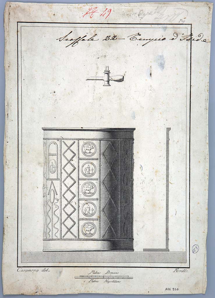 VIII.7.28 Pompeii. Lead water container decorated with themes of Isis. Found in the north-east corner of the portico. 
Drawing by Giovanni Battista Casanova showing reconstruction of pattern.
The engraving depicts a lead cist decorated with medallions with the Isiac triad, man-headed bull, lovebirds and Uraeus (sacred asps) on the sides of a lotus flower.
Now in Naples Archaeological Museum. Inventory number ADS 930.
Photo © ICCD. http://www.catalogo.beniculturali.it
Utilizzabili alle condizioni della licenza Attribuzione - Non commerciale - Condividi allo stesso modo 2.5 Italia (CC BY-NC-SA 2.5 IT)
