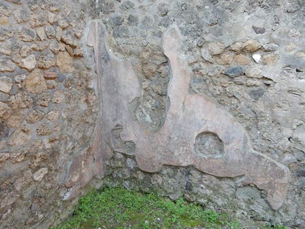 VIII.7.28 Pompeii. May 2015. Detail of remains of plaster on west wall of dining room in south-west corner. 
Photo courtesy of Buzz Ferebee.




