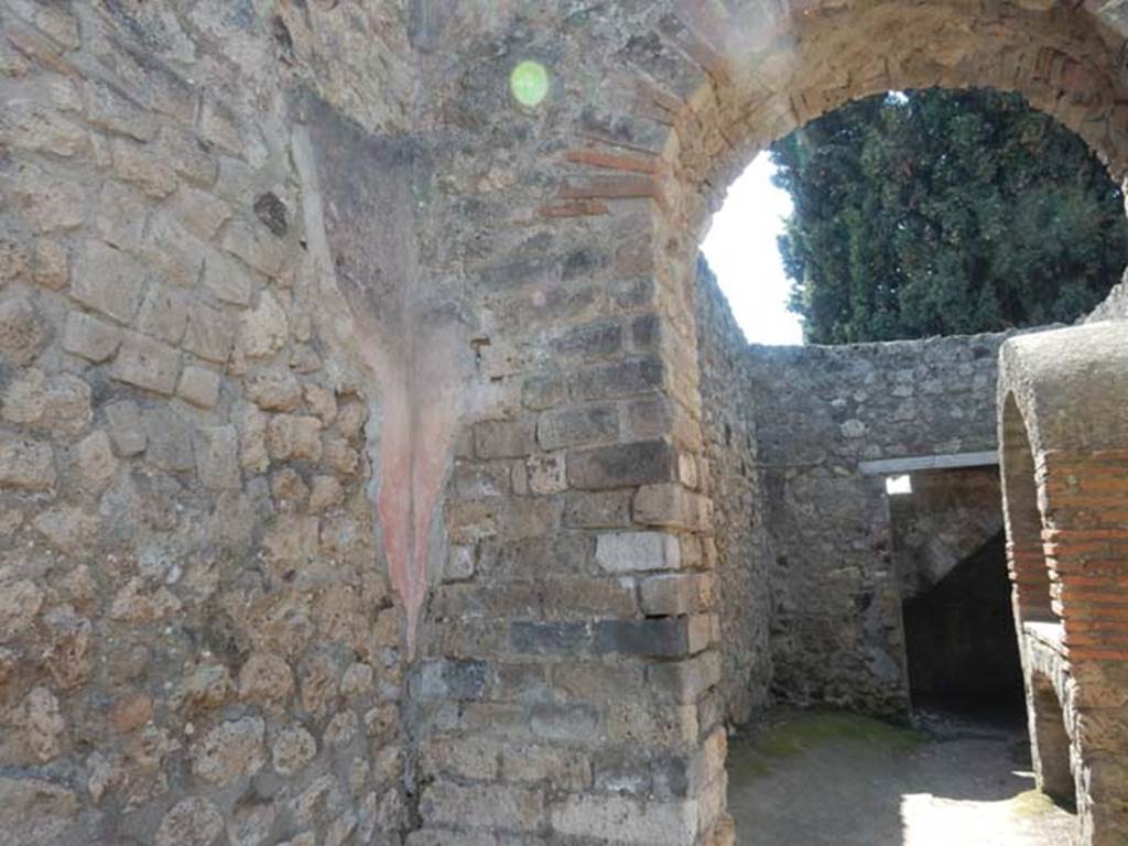 VIII.7.28 Pompeii. May 2015. South-east corner of portico, looking south to doorway to kitchen.  Photo courtesy of Buzz Ferebee.
