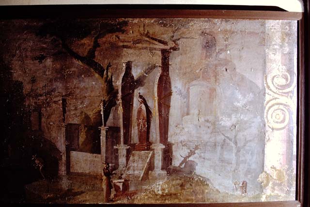 VIII.7.28 Pompeii. 1971. Painting of the ceremony of mourning and sacrifice for Osiris.
Painted panel from the east end (left) of the south wall of the Ekklesiasterion.
This shows offerings being made in front of the sarcophagus of Osiris in the centre.
Photo by Stanley A. Jashemski.
Now in Naples Archaeological Museum. Inventory number 8570.
Source: The Wilhelmina and Stanley A. Jashemski archive in the University of Maryland Library, Special Collections (See collection page) and made available under the Creative Commons Attribution-Non-Commercial License v.4. See Licence and use details.
J71f0276  

