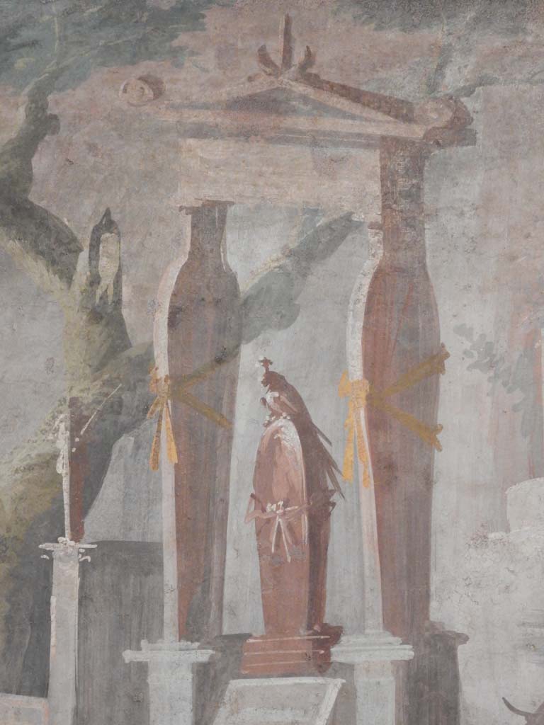 VIII.7.28 Pompeii. June 2019. Detail from painting of the ceremony of mourning and sacrifice for Osiris.
Painted panel from the east end (left) of the south wall of the Ekklesiasterion.
Detail of the offerings being made in front of the sarcophagus of Osiris. Photo courtesy of Buzz Ferebee. 
Now in Naples Archaeological Museum. Inventory number 8570.
