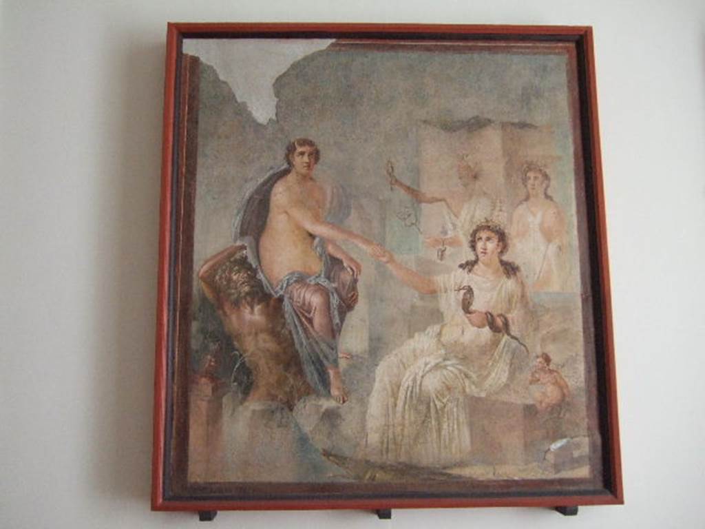 VIII.7.28 Pompeii. April 2019. Arrival of Io at Canopus. 
Isis offers her hand as her priestesses shake their sistra. 
Found in the centre of the south wall of the Ekklesiasterion in November 1765. 
Now in Naples Archaeological Museum. Inventory number 9558.
Photo courtesy of Rick Bauer.
